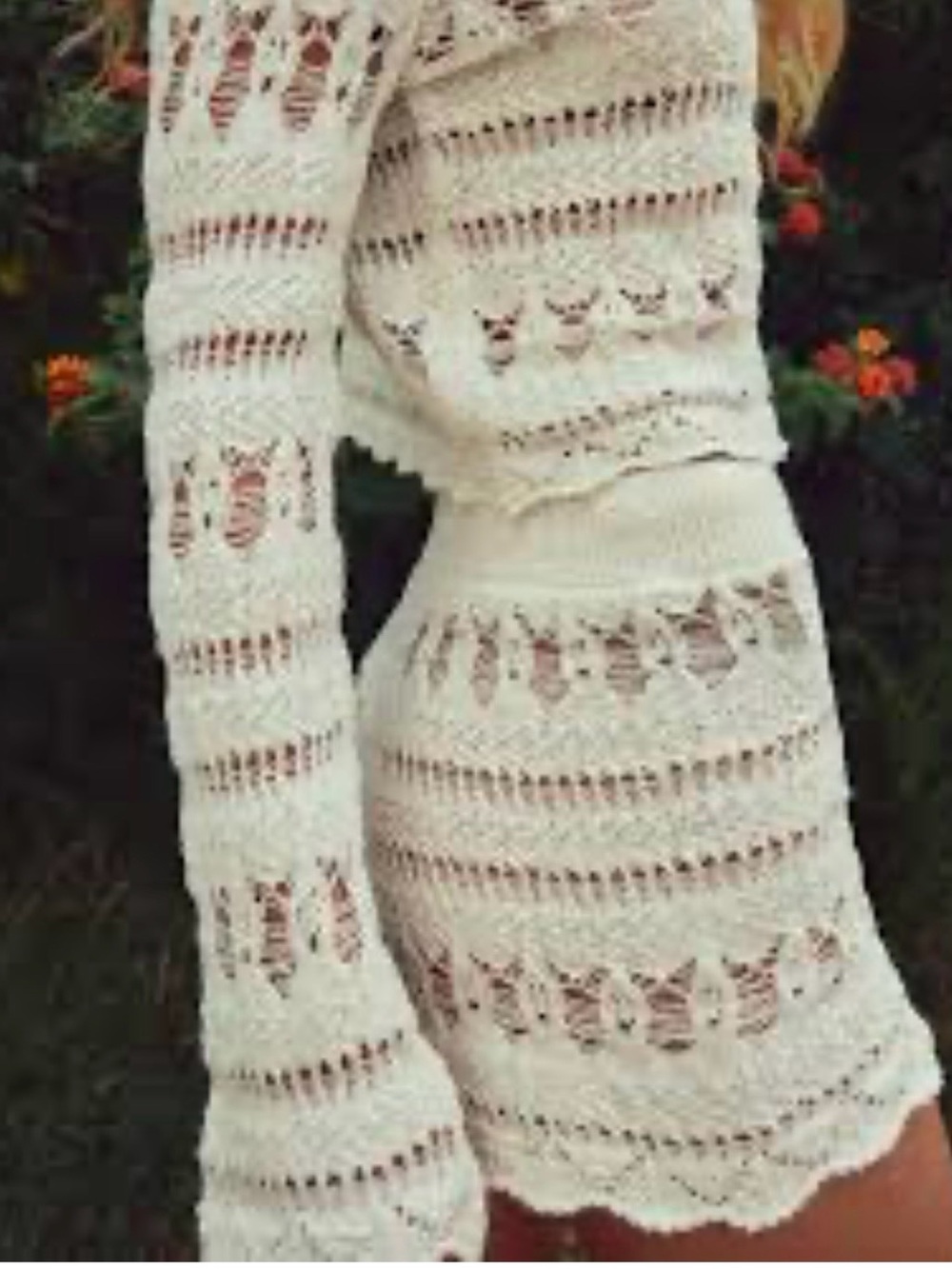 Zara Cream Crochet Knit Long Sleeve Top and shorts